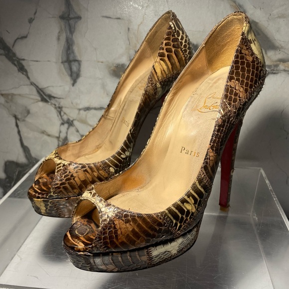 Christian Louboutin Brown Python platchawork banana peep toe platform sz 38 - Picture 2 of 16